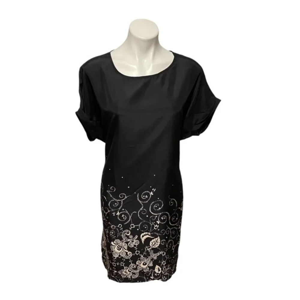 Garnet Hill Oversized Size 4 Black Floral Capped Sleeve Back Tie Silk Dress - Picture 2 of 7